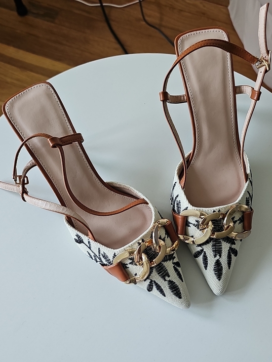 None Shoes - Embroidered Cream Slingback Heels with Brown Trim and Gold Chain One Inch Heel